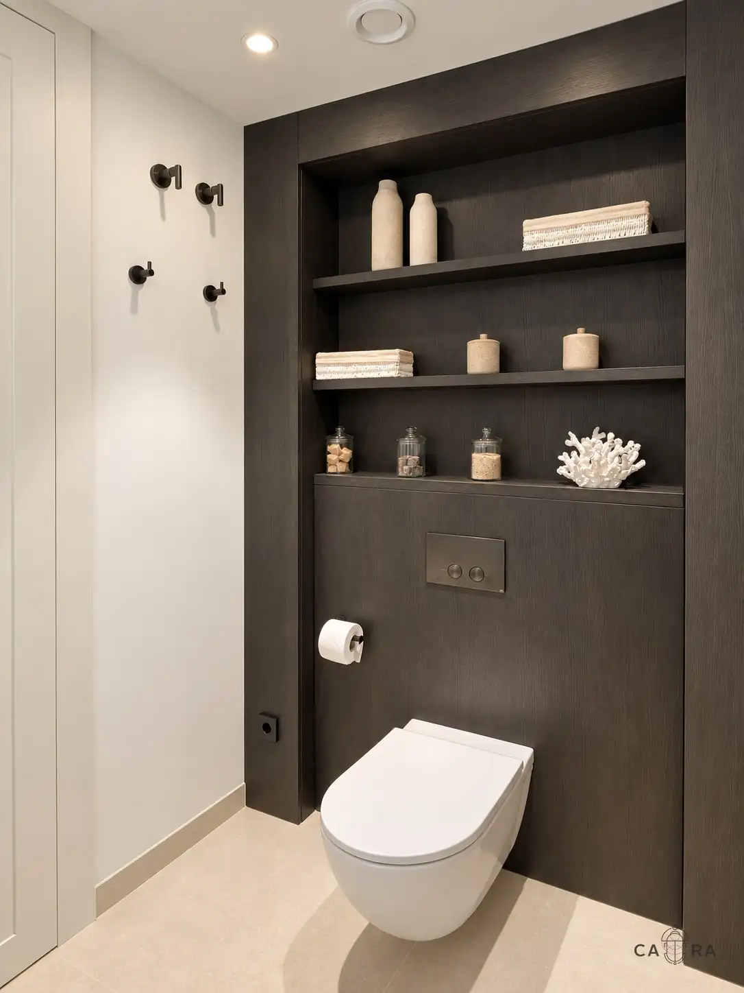 Guest toilet with dark oak wall and open shelving
