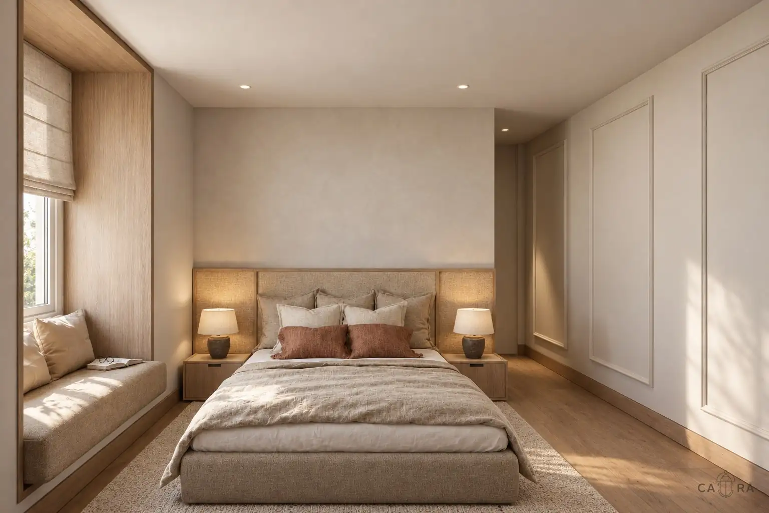 Bedroom with a textured headboard and window seat