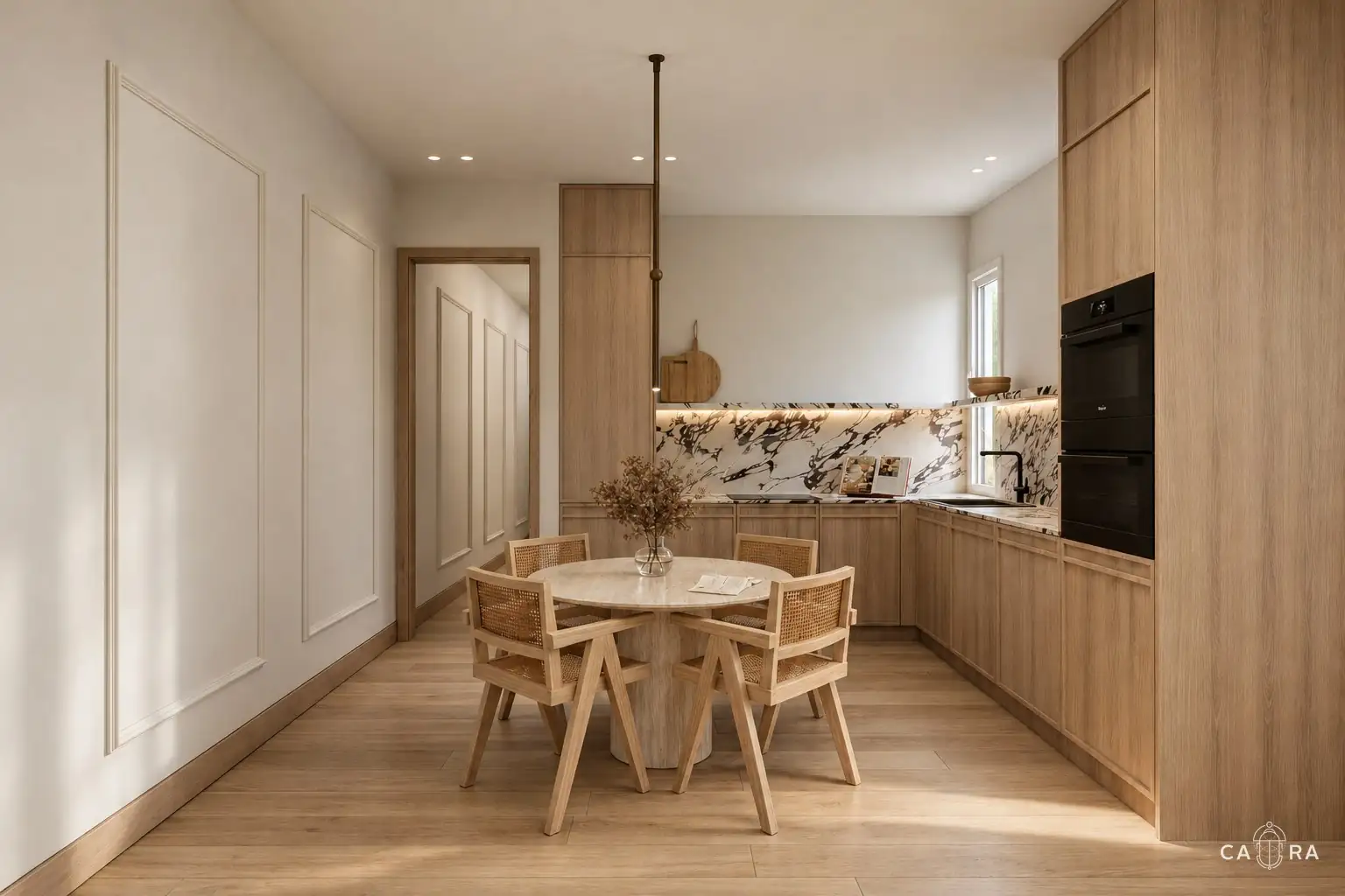 Kitchen with veined splashback and round table