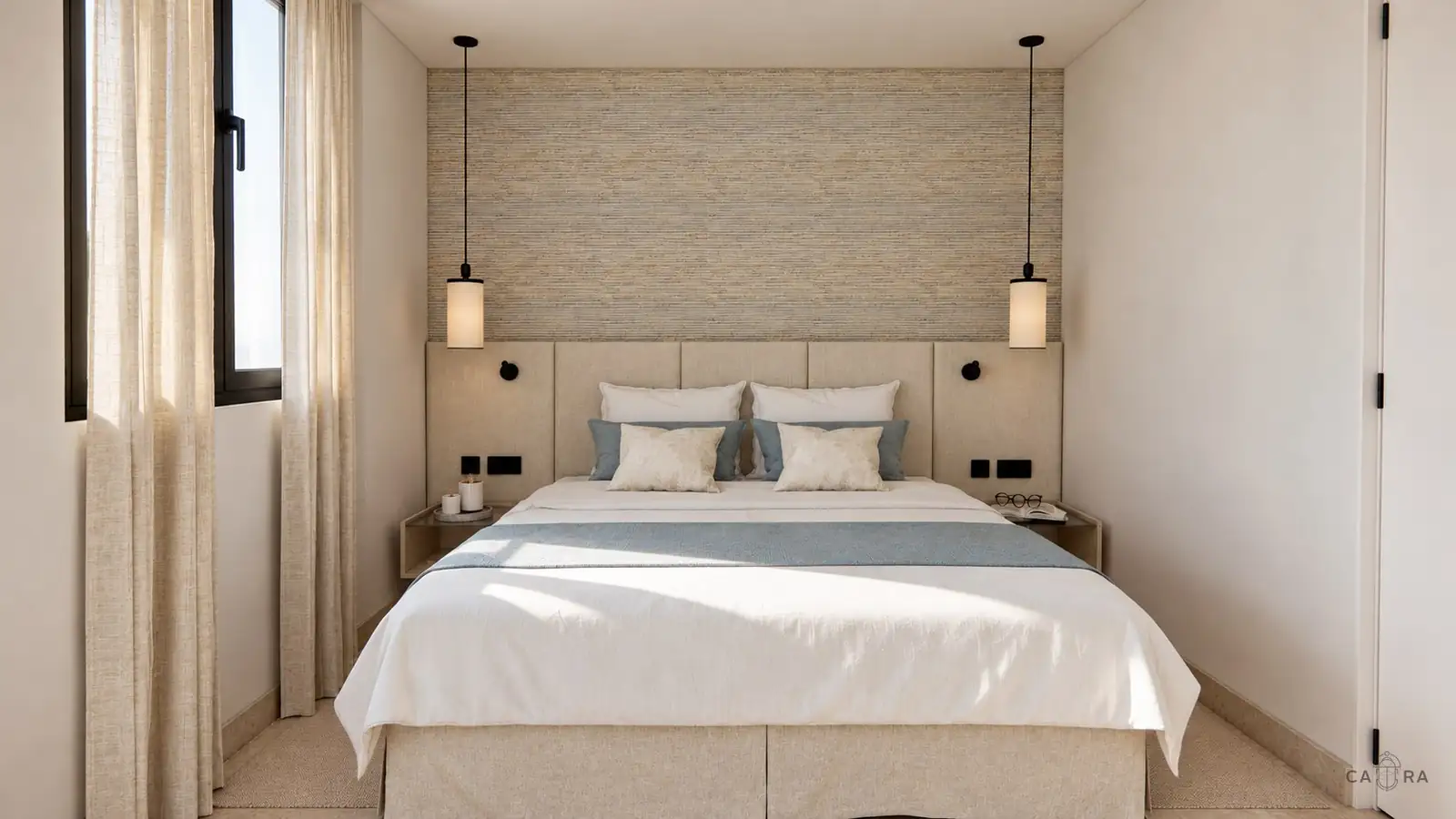 Render: rental apartment bedroom with grasscloth wall