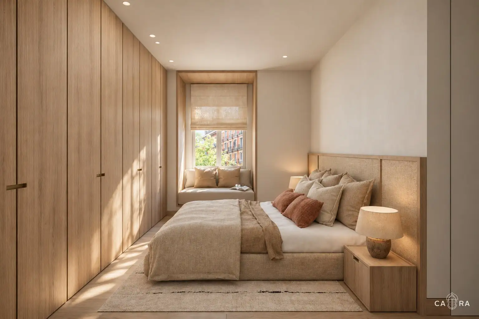 Bedroom styled with layered linens, terracotta cushions and ceramic lamps