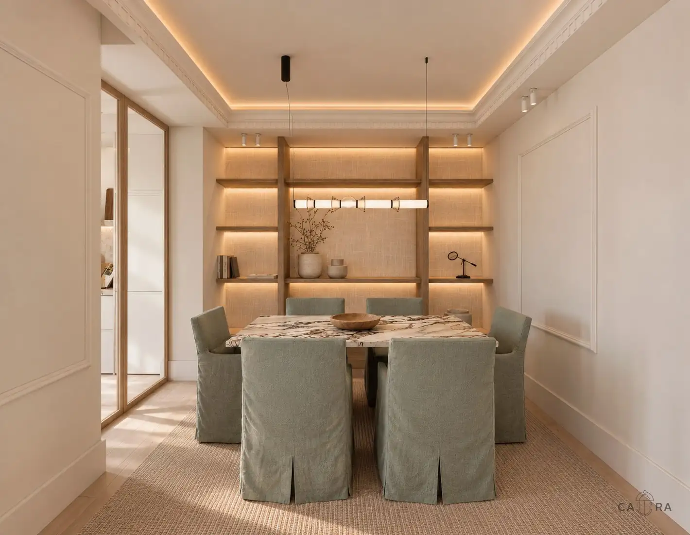 Dining room with sage chairs and illuminated shelving