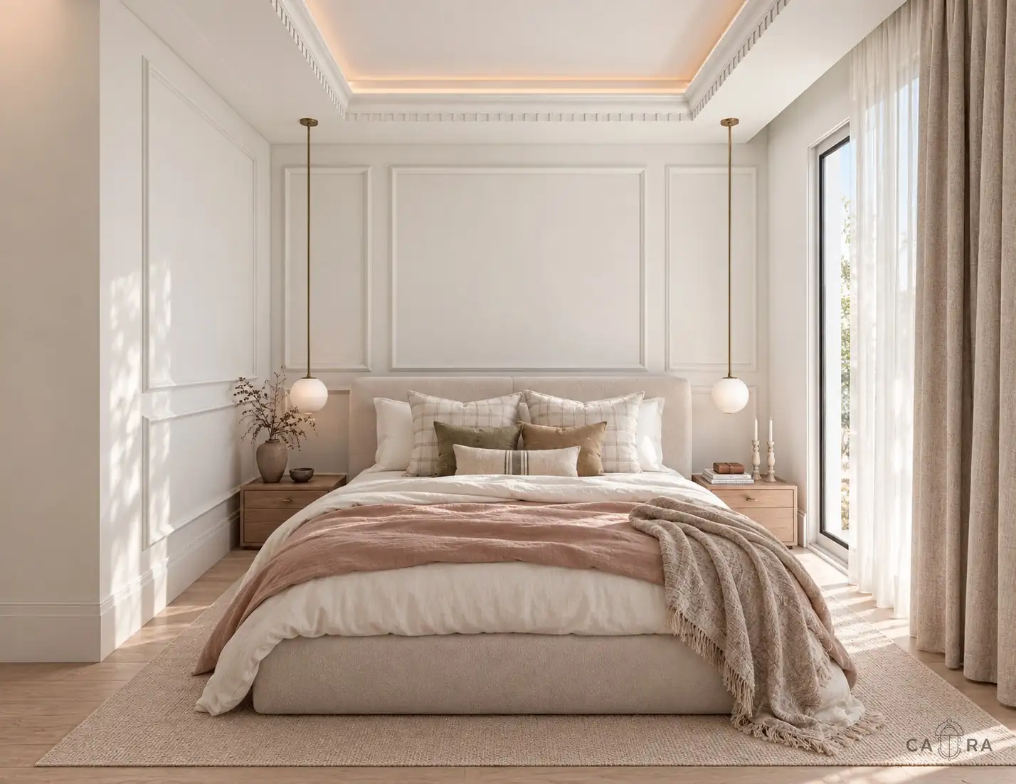 Bedroom with classical wall mouldings and pendant lights