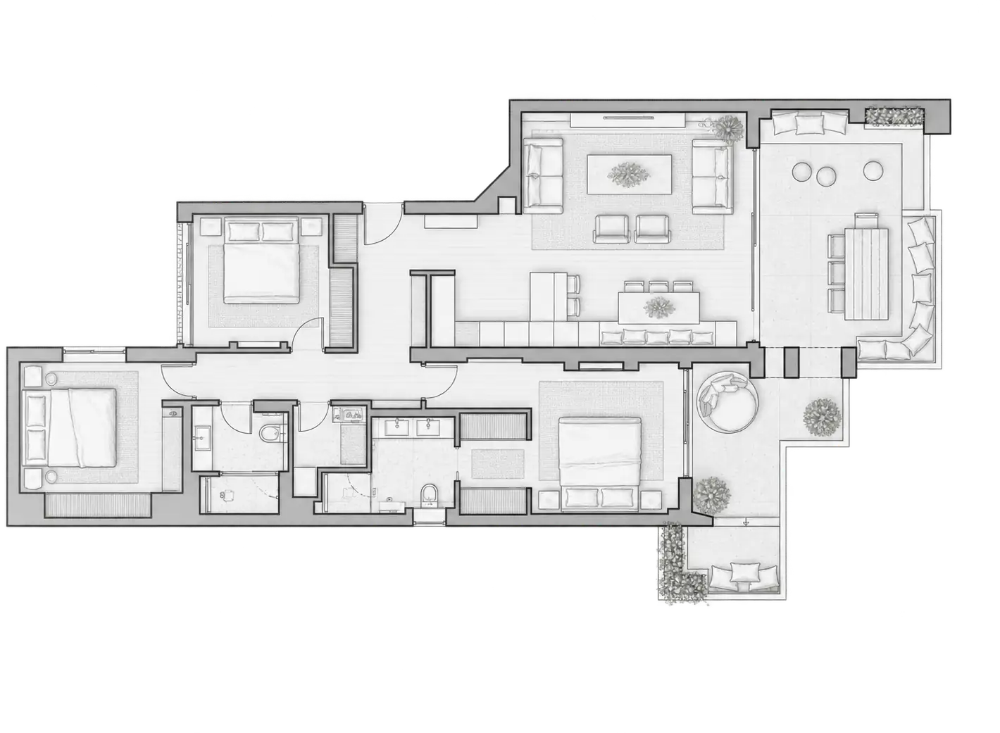 Floor plan of Alhambra del Mar: three bedrooms and bathrooms along a corridor, open living and dining room, and two terraces