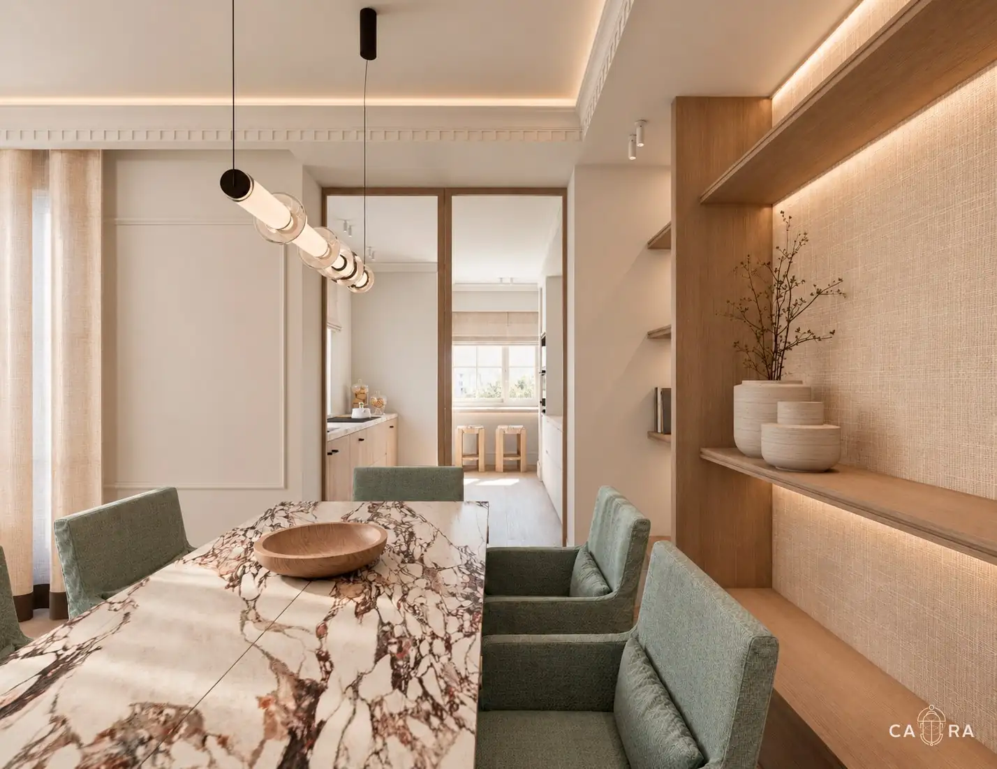 Dining table in veined stone with a view to the kitchen