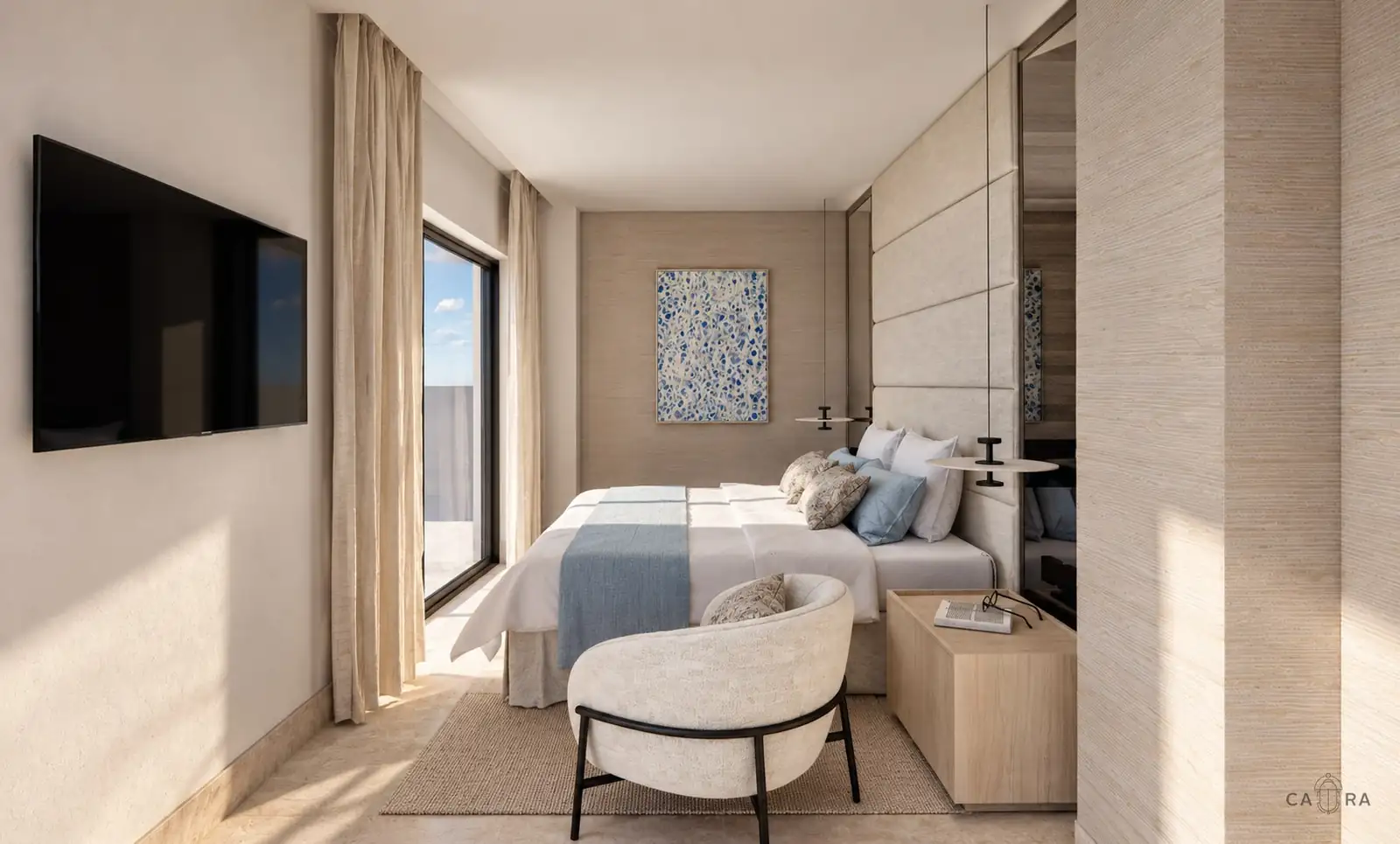 Render: open-plan living and dining with a curved sofa and sea views