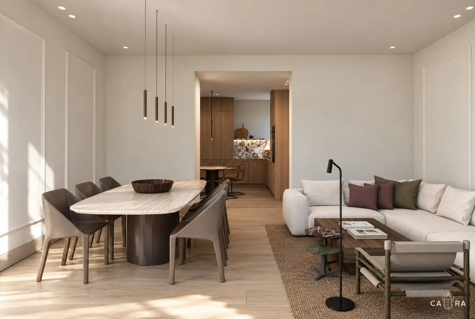 Dining area with a view through to the kitchen