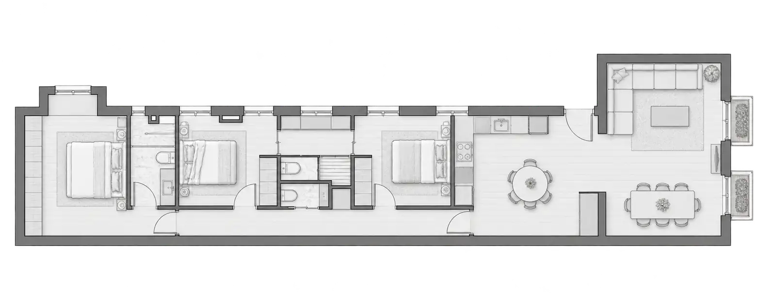 Floor plan of the residence that lifts into a 3D axonometric as you scroll: three bedrooms along a corridor, with the kitchen, dining and living areas at one end