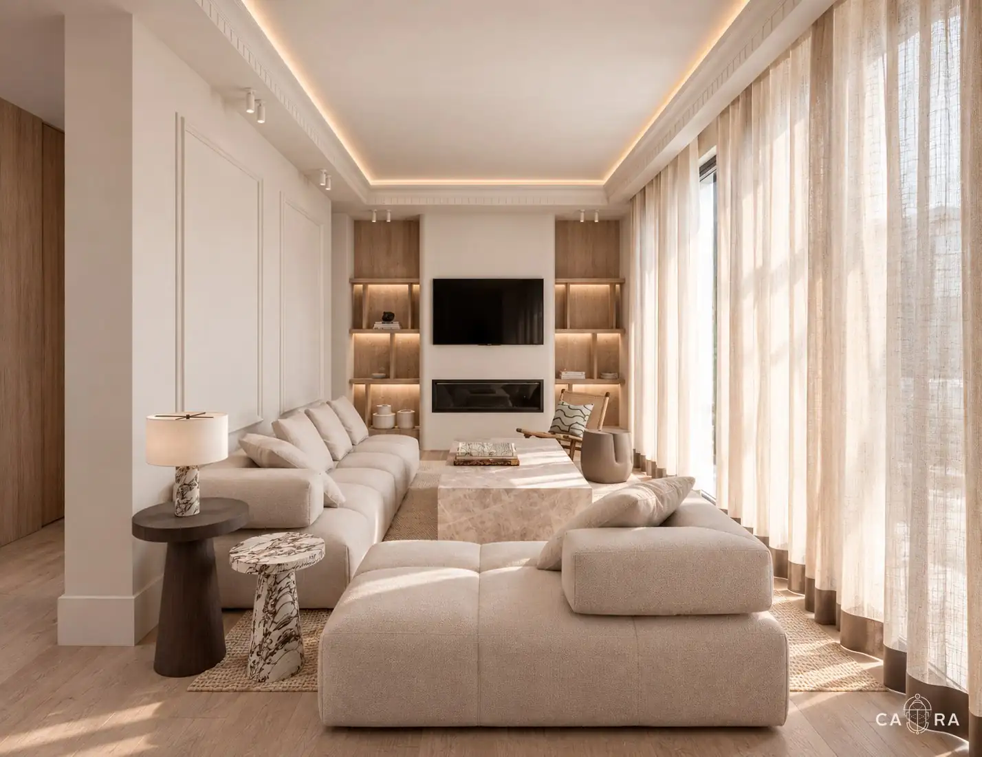 Living room with lit timber shelving and sheer curtains