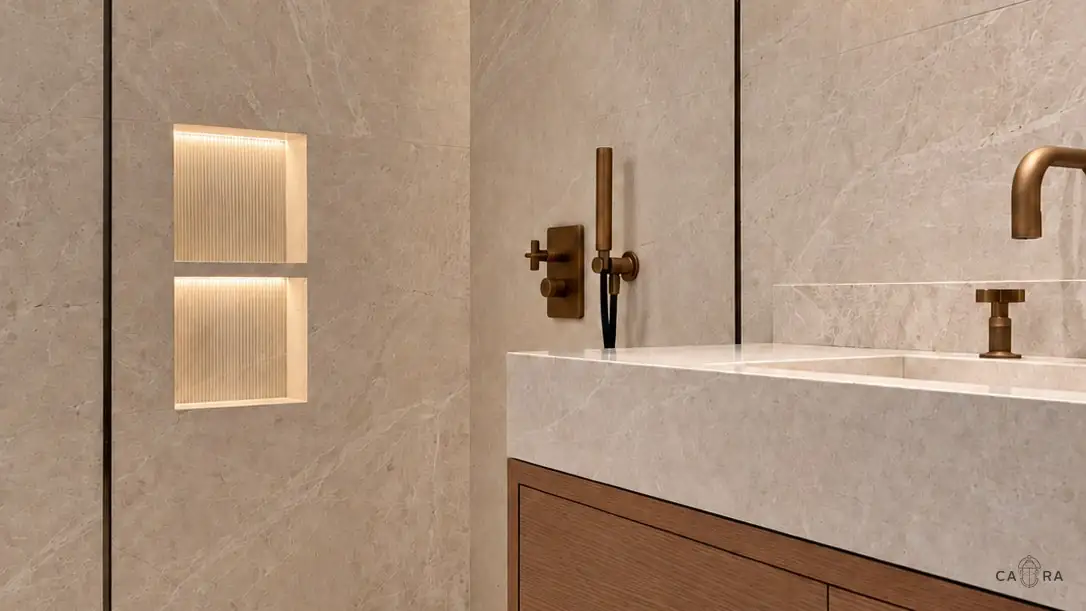 Puente Romano bathroom in cream stone