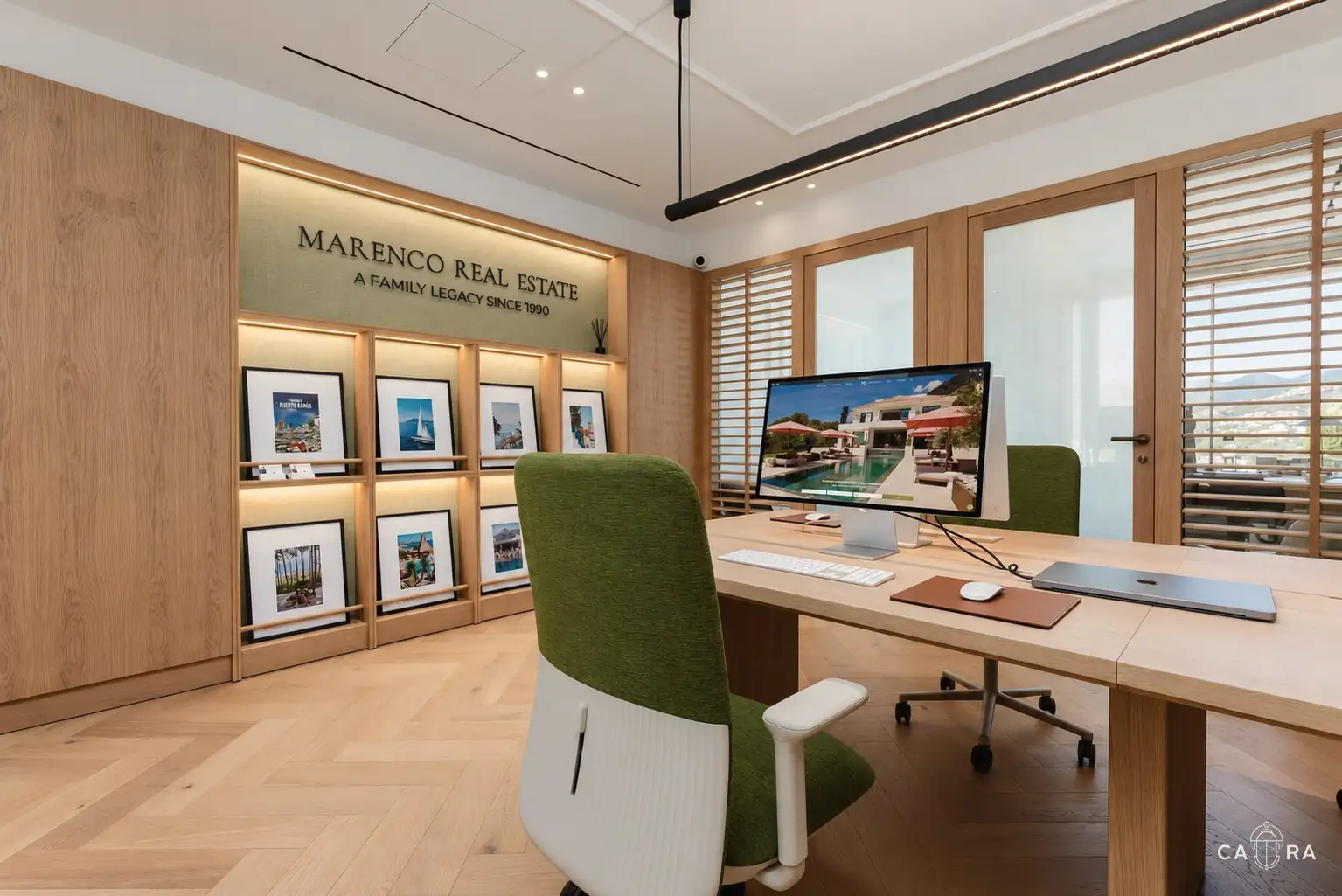 Marenco Real Estate office with oak panelling and herringbone floor