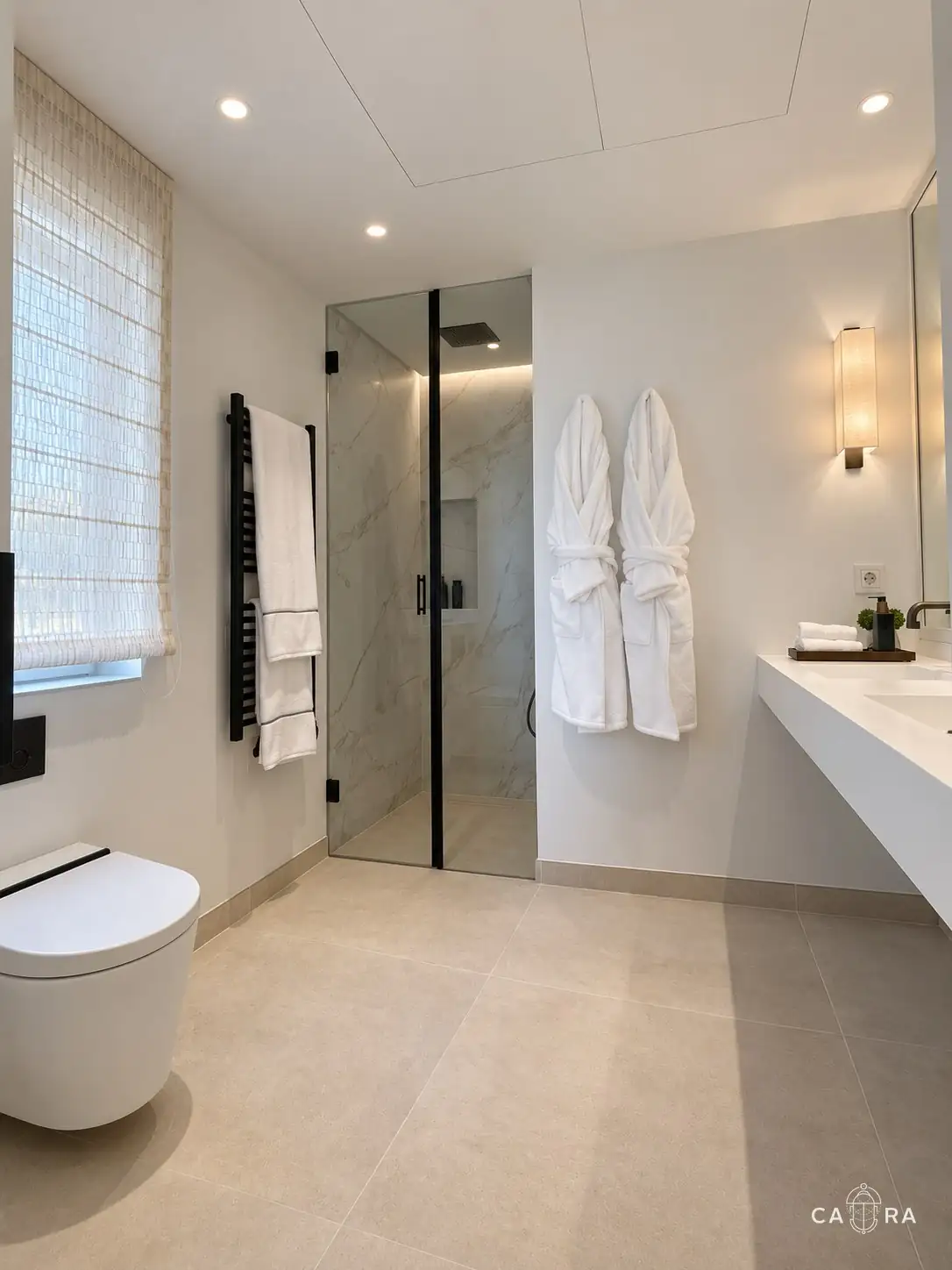 Bathroom with glass shower, black towel rail and woven blind