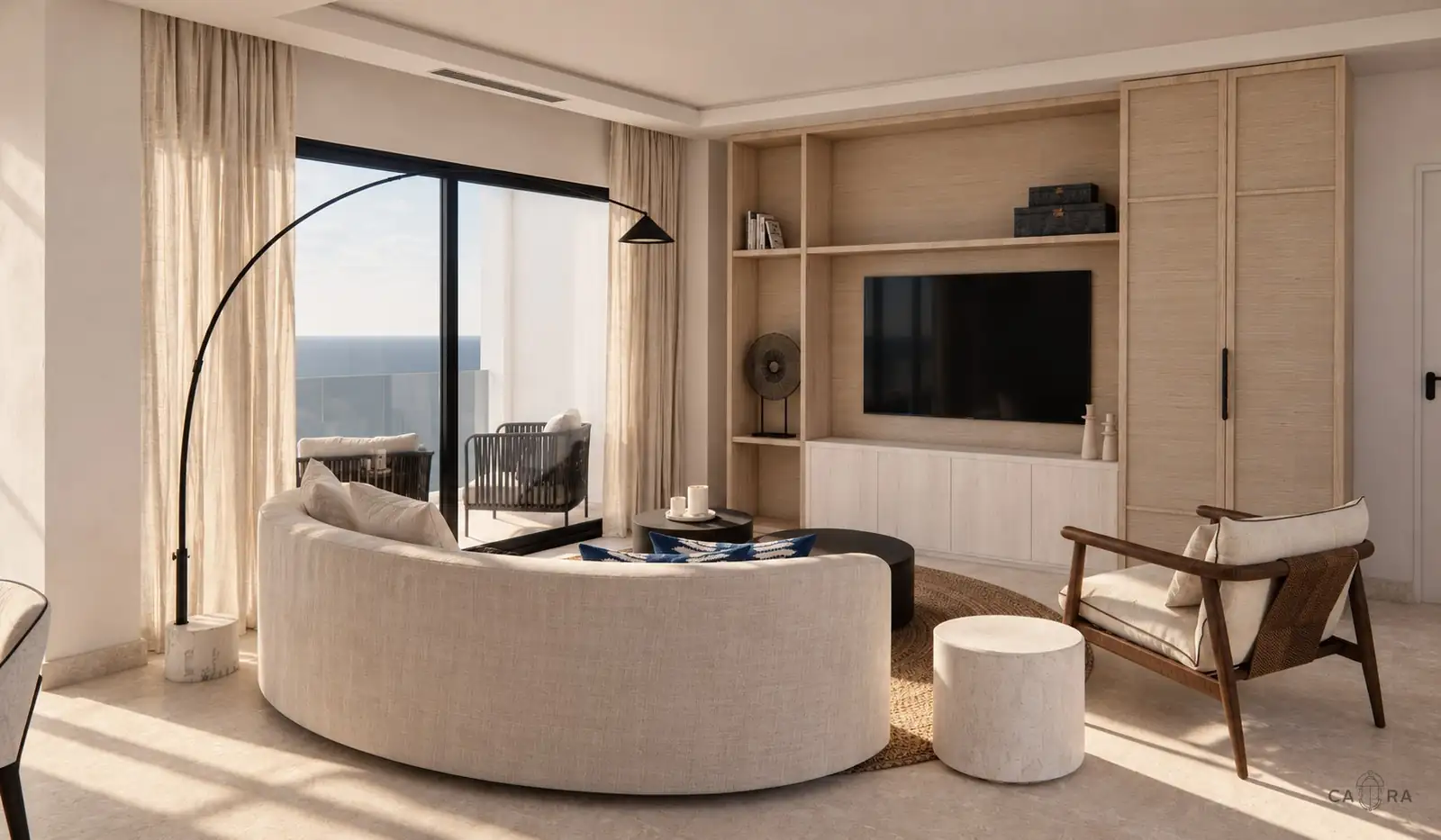 Render: living room with curved sofa and bespoke cabinetry