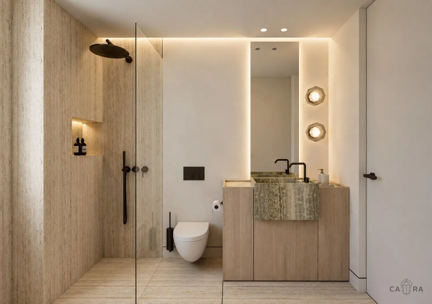 Bathroom in travertine with an onyx basin