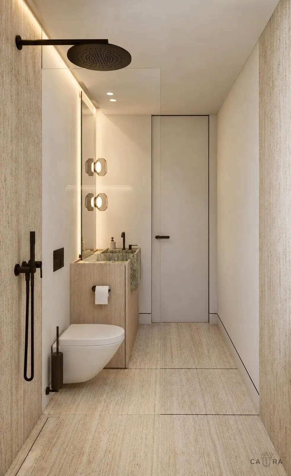 Walk-in shower and onyx basin