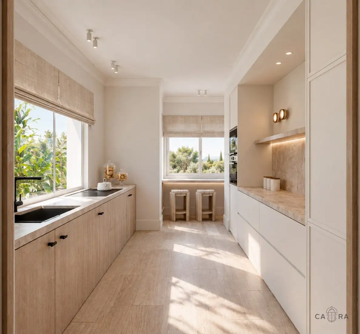 Galley kitchen in oak and stone with a breakfast spot, Madrid Residence