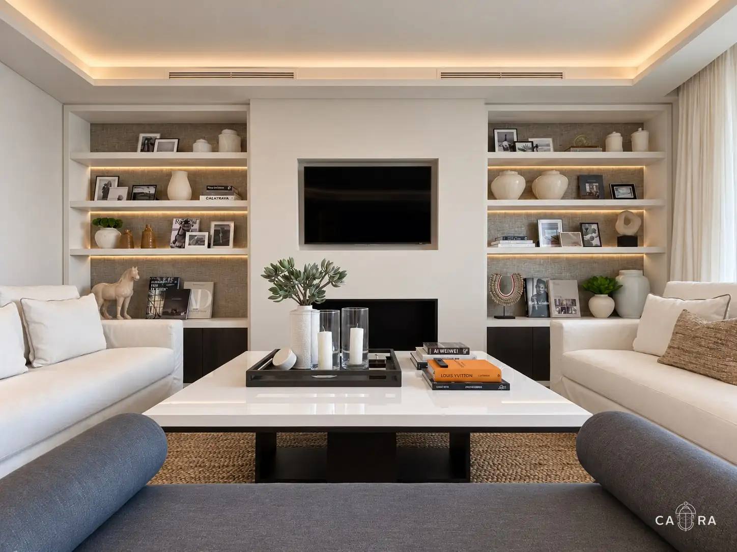 Symmetrical living room with two white sofas, a lacquered coffee table and illuminated shelving either side of the fireplace