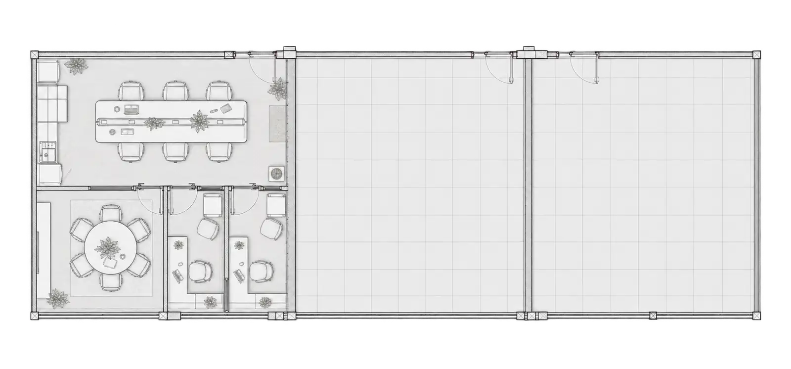 General floor plan of the 180 m² space divided into three independent offices; the furnished Marenco office is on the left