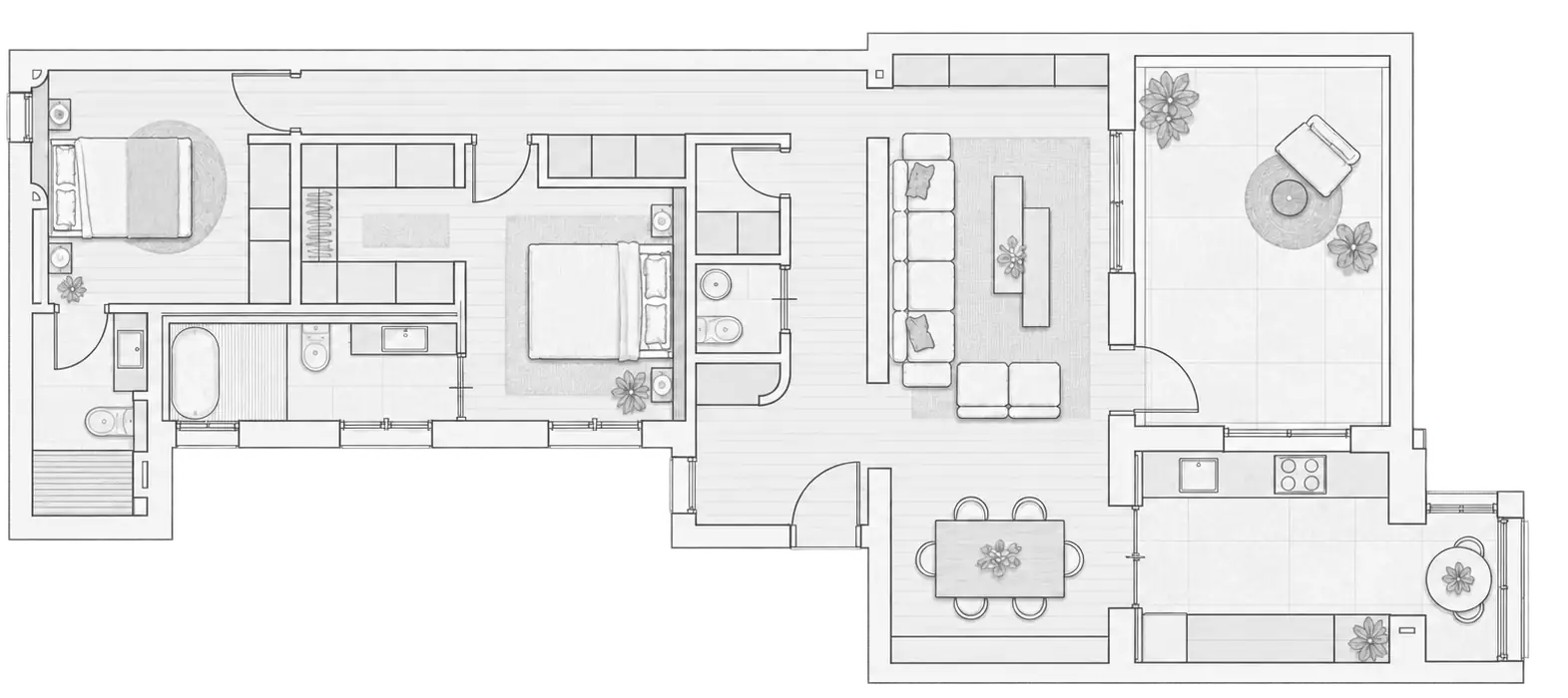 Floor plan of the residence: bedrooms and bathrooms on one side, living, dining and kitchen with terrace on the other