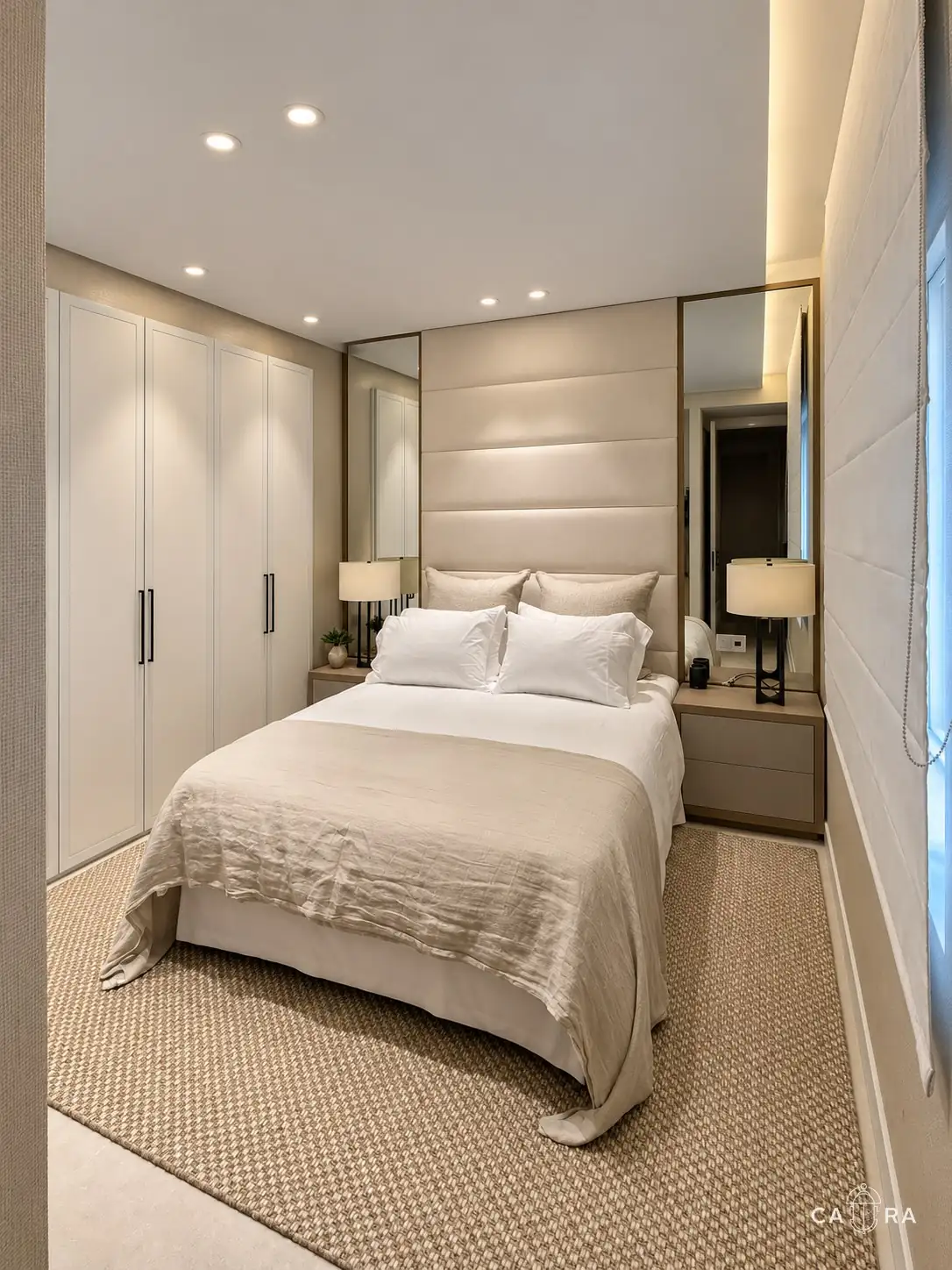 Bedroom with tall channelled headboard, oak-framed mirrors and fitted wardrobes
